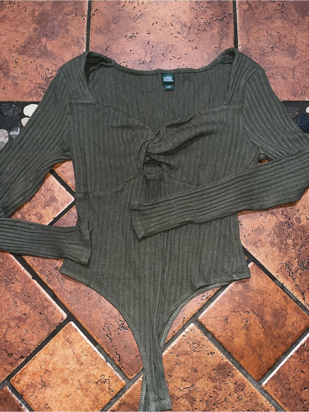 wild fable Olive Green Ribbed Twist-Front Long Sleeve Bodysuit